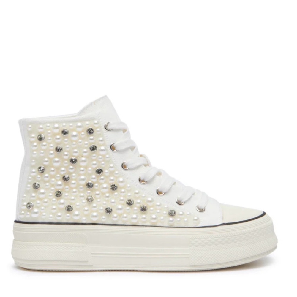 Elegant White High-Top Sneakers with Pearl Accents
